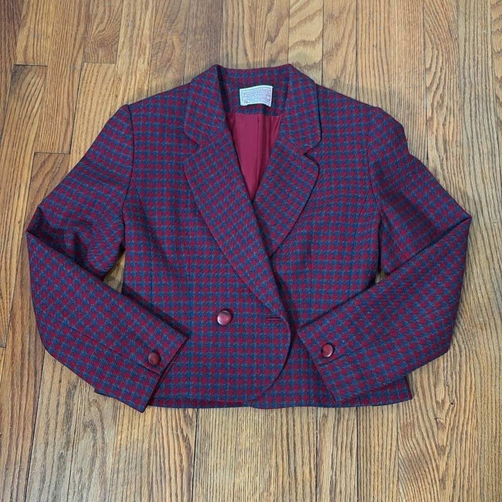 Vintage‎ Pendleton Houndstooth Wool Blazer Jacket Blue  Red Sz 8 Petite